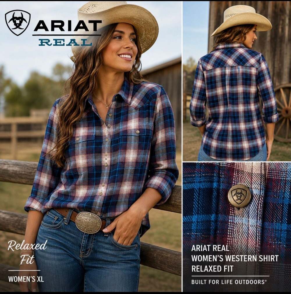 Ariat REAL Women’s XL Relaxed Fit Plaid Western Shirt Blue Burgundy Pearl Snap